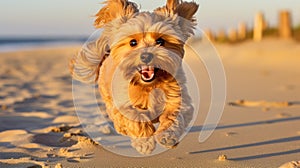 A small Canidae companion dog is frolicking on the beach