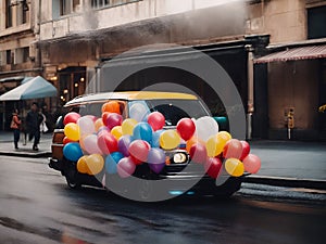 Small car with balloons on street. AI generated