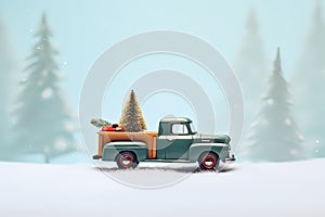 A small car delivering gifts on a festive Christmas background