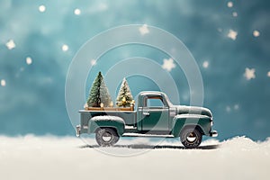 A small car delivering gifts on a festive Christmas background