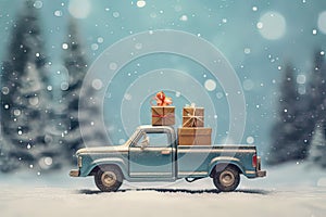 A small car delivering gifts on a festive Christmas background