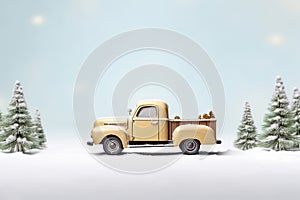 A small car delivering gifts on a festive Christmas background