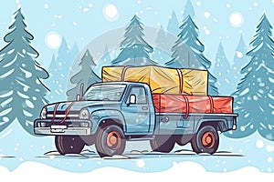 A small car delivering gifts on a festive Christmas background
