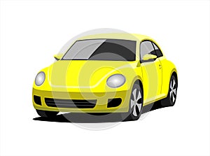 A Small Car, Front view, Three-quarter view. Yellow Car With A Rounded Body. Ð¡ompact Ð¡ity Ð¡ar. Vector Image Isolated On white