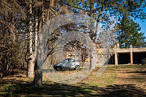 Small car parked in the forest