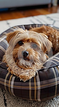 A small carnivorous dog relaxes on a tartan dog bed on the wood floor