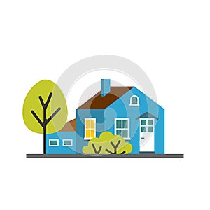 Small cartoon blue house with trees, isolated vector illustration