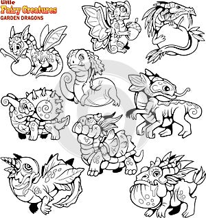 Small, cartoon, garden dragons, coloring book, set of funny images