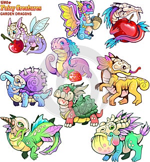 Small, cartoon, garden dragons, set of funny images