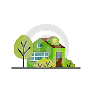 Small cartoon green house with trees, isolated vector illustration