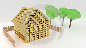Small cartoon house made of stack of gold bars with a fence and trees symbolize wealth and property value
