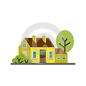 Small cartoon lemon yellow house with trees, isolated vector illustration