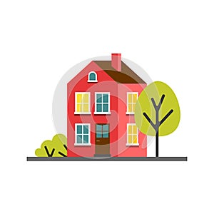 Small cartoon red magenta house with trees, isolated vector illustration