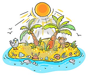 Small cartoon tropical island with palms and animals