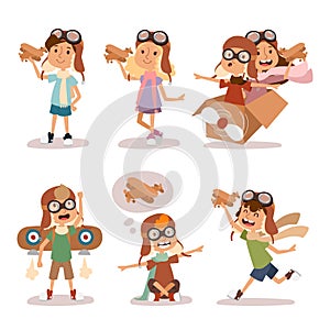 Small cartoon vector kids playing pilot aviation