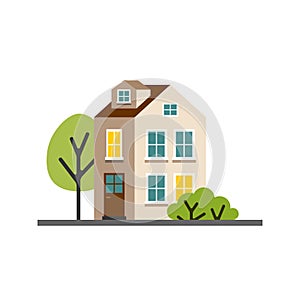 Small cartoon white house with trees, isolated vector illustration