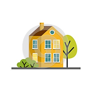 Small cartoon yellow house with trees, isolated vector illustration