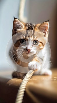 A small cat climbs the rope