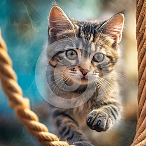 A small cat climbs the rope