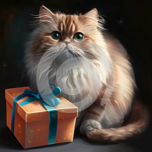 A small cat with a gold gift with a blue bow. Gifts as a day symbol of present and