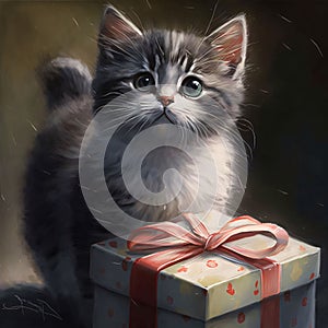 A small cat with a gold gift with a bow. Gifts as a day symbol of present and