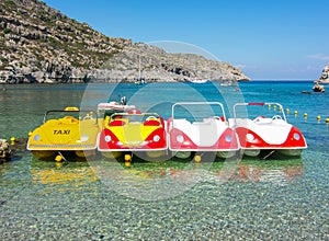 Small catamarans in Anthony Quinn bay on Rhodes island, Greece