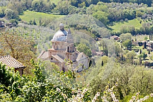 Small catholic church in a valley in Pienza, Tuscany, Italy