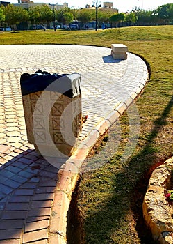 Small cattie behind the garbage box, in the park