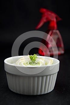 Small Celery Indoor Regrowth in White Bowl with Red Water Bottle Spray