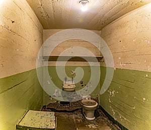 Small cell of the maximum security federal prison of Alcatraz, located on an island in the middle of San Francisco Bay, California