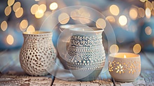 A of small ceramic vases adorned with a mix of delicate lace and crochet patterns giving them a charming vintage look.