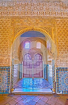 Small chamber in Ambassadors Hall, Comares Palace,  Nasrid Palace, Alhambra, Granada, Spain