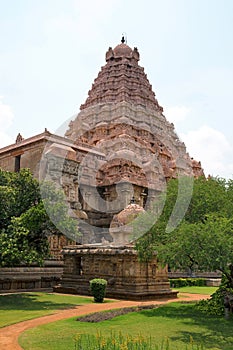 Small Chandikesvara shrine in front and Brihadisvara Temple, Gangaikondacholapuram, Tamil Nadu