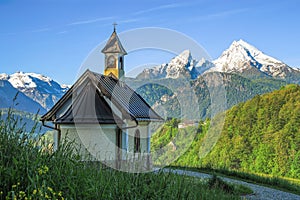 Small chapel and snow-covered Watzmann mountain in Berchtesgaden