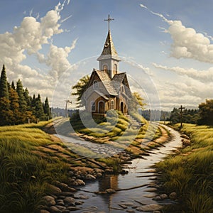 A small chapel standing at a crossroads, in the style of traditional landscapes