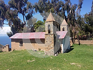 A small chapel in the village on the Isla Del Sol (Island of the Sun) on the Titicaca lake. Bolivia. . South