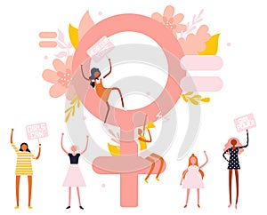 Small characters girl feminists and big Venus symbol, trendy illustration