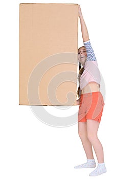 Small cheerful girl drags big cardboard box