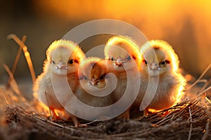 Small chickens against the background of spring nature on Easter, in a bright sunny day at a ranch in a village