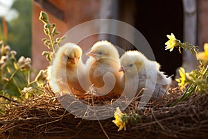 Small chickens against the background of spring nature on Easter, in a bright sunny day at a ranch in a village