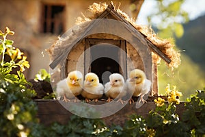 Small chickens against the background of spring nature on Easter, in a bright sunny day at a ranch in a village