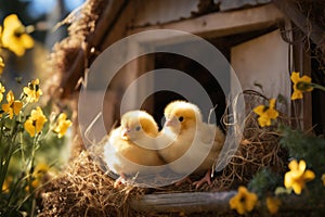 Small chickens against the background of spring nature on Easter, in a bright sunny day at a ranch in a village