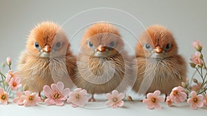 small chickens are sitting on some pink flowers on a white surface