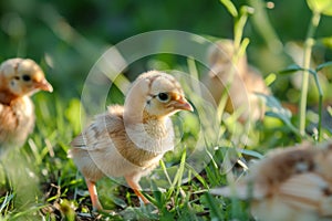 Small Chickens Standing on Lush Green Field