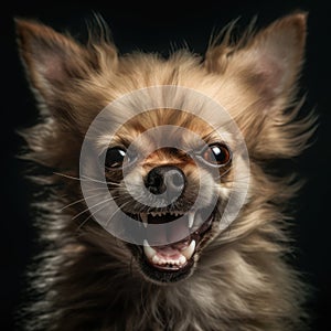 Small chihuahua angry dog with open mouth on black background created using generative ai technology