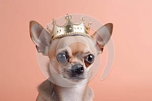 Small Chihuahua dog with crown on head on pastel background