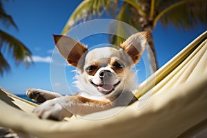 Funny Chihuahua dog relaxing in hammock with tropical beach in background