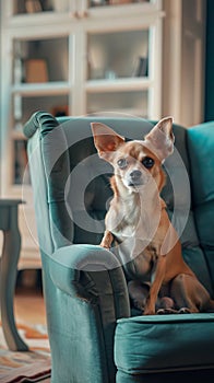 A small chihuahuan dog sitting on a chair. Generative AI