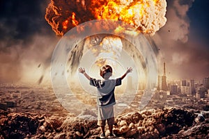 A small child against the background of an explosion and fire. Raised his hands in an attempt to stop the war. A child looks at