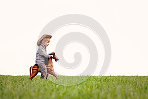 A small child, a boy is playing a rocking horse on a meadow. Happy childhood in the countryside, the child looks after his pet